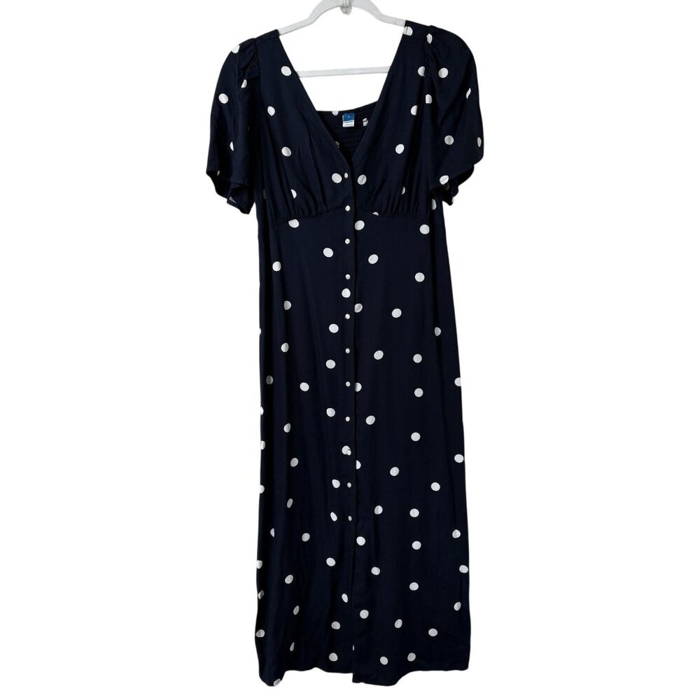 Old Navy Midi Dress Women S Navy Blue White Polka Dot Short Sleeve Button Up NWT